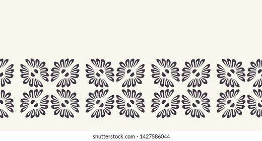 Hand drawn floral mosaic tile shapes border. Repeating geo flower background. Monochrome surface design textile banner edging. Modern daisy black white ribbon trim. Seamless vector daisy washi tape.