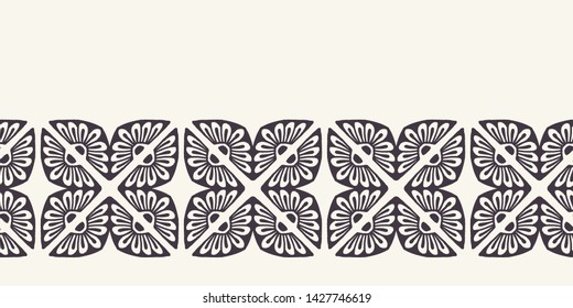 Hand drawn floral mosaic tile shapes border. Repeating geo flower background. Monochrome surface design textile banner edging. Modern daisy black white ribbon trim. Seamless vector daisy washi tape.
