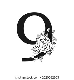 Hand drawn floral number nine monogram and logo design in doodle style with rose, lavender, berries and leaves on transparent background. Black linear vector illustration.