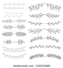 Hand drawn floral ornament dividers. Vector illustration. Lines, borders, leaves ornament. Doodle design element for decoration.