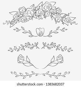 Hand drawn floral ornament dividers. Vector illustration. Lines, borders, leaves ornament. Doodle design element for decoration. 