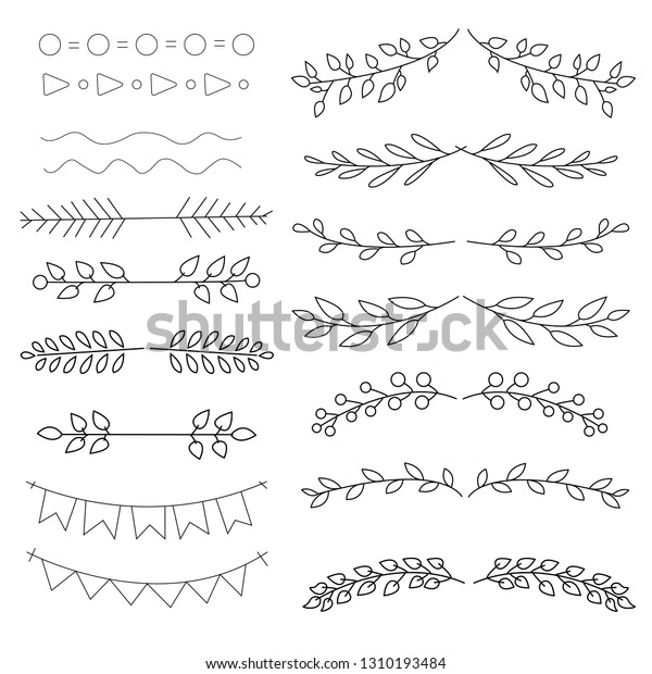 Hand drawn floral ornament dividers. Vector\
illustration. Lines, borders, leaves ornament. Doodle design\
element for decoration.