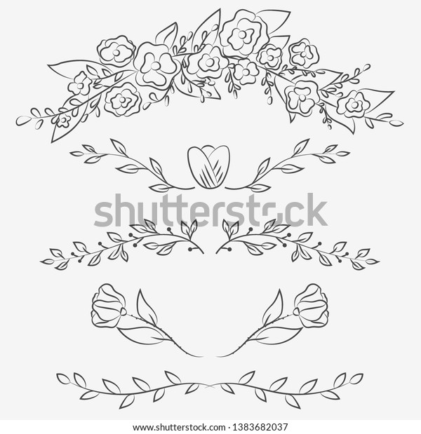 Hand drawn floral ornament dividers. Vector\
illustration. Lines, borders, leaves ornament. Doodle design\
element for decoration. 