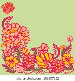 Hand drawn floral ornament with pink contours, red and yellow flowers over green background