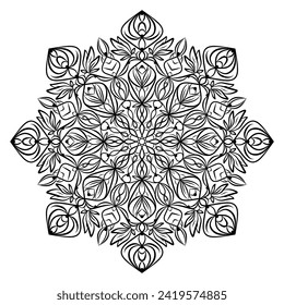Hand drawn floral ornamental mandala with patterns, curls, flowers, leaves. Coloring book page, ornament, antistress for adults and children. Vector outline illustration isolated on white background