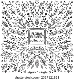Hand drawn floral ornaments. Decorative flower, leaf and branch for wedding invitation design. Nature elements vector set