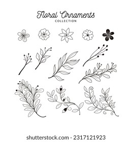 Hand drawn floral ornaments. Decorative flower, leaf and branch for wedding invitation design. Nature elements vector set
