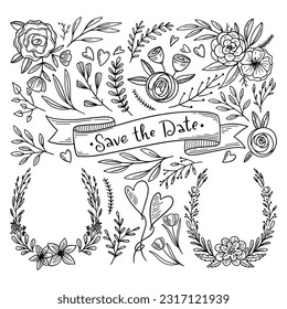 Hand drawn floral ornaments. Decorative flower, leaf and branch for wedding invitation design. Nature elements vector set