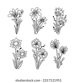 Hand drawn floral ornaments. Decorative flower, leaf and branch for wedding invitation design. Nature elements vector set