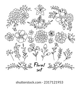 Hand drawn floral ornaments. Decorative flower, leaf and branch for wedding invitation design. Nature elements vector set