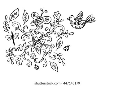 Hand Drawn floral ornaments with flowers and bird