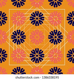 Hand drawn floral ornaments, geometric vector seamless repeat pattern. Moroccan style four color pattern in gold, pink, white and indigo blue.