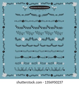 Hand drawn floral ornaments for spring summer. Set of borders, flowers, leaves, swirls  elements. Collection of black artistic hand sketched decorative doodle borders, frames, branches, dividers. 