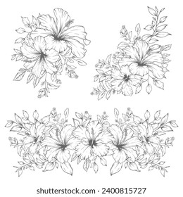 Hand drawn floral outline hibiscus flowers and leaves bouquet