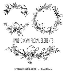 Hand drawn floral outlined elements.