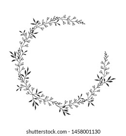 Hand drawn floral oval frame wreath on white background