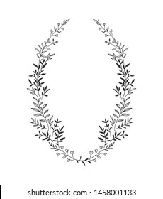 Hand drawn floral oval frame wreath on white background