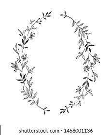 Hand Drawn Floral Oval Frame Wreath On White Background