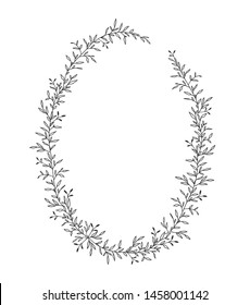 Hand drawn floral oval frame wreath on white background