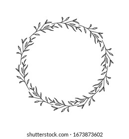 Hand drawn floral oval frame wreath on white background