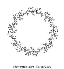 Hand drawn floral oval frame wreath on white background