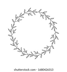 Hand drawn floral oval frame wreath on white background