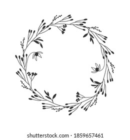 Hand drawn floral oval frame wreath on white background