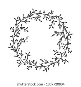 Hand drawn floral oval frame wreath on white background