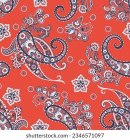 Hand drawn floral paisley and birds seamless vector pattern. Batik style fabric