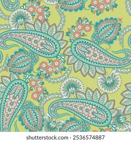Hand drawn floral paisley and birds seamless vector pattern. Batik style fabric