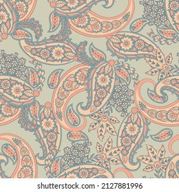 Hand drawn floral paisley seamless vector pattern. Batik style fabric