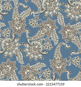 Hand drawn floral paisley seamless vector pattern. Batik style fabric