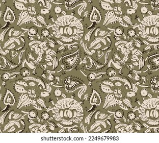 Hand drawn floral paisley seamless print in block print style vector