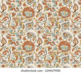 Hand drawn floral paisley seamless print in block print style vector