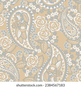 Hand drawn floral paisley seamless vector pattern. Batik style fabric