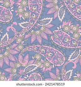 Hand drawn floral paisley seamless vector pattern. Batik style fabric