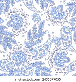 Hand drawn floral paisley seamless vector pattern. Batik style fabric