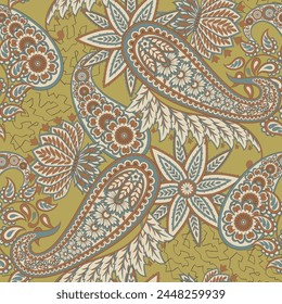 Hand drawn floral paisley seamless vector pattern. Batik style fabric