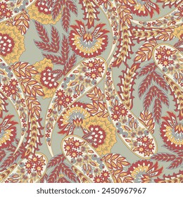 Hand drawn floral paisley seamless vector pattern. Batik style fabric