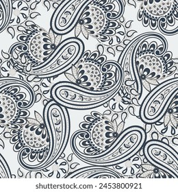 Hand drawn floral paisley seamless vector pattern. Batik style fabric