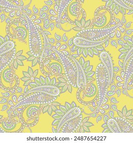 Hand drawn floral paisley seamless vector pattern. Batik style fabric