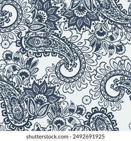 Hand drawn floral paisley seamless vector pattern. Batik style fabric