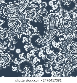 Hand drawn floral paisley seamless vector pattern. Batik style fabric
