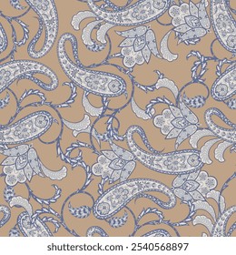 Handgezeichnetes florales Paisley nahtloses Vektormuster. Batik-Stoff