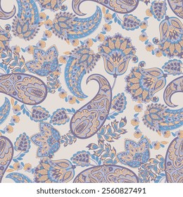 Hand drawn floral paisley seamless vector pattern. Batik style fabric