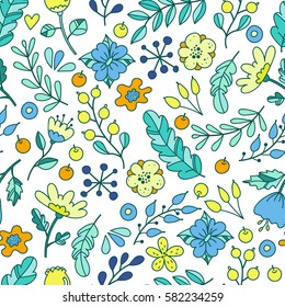  Hand drawn floral pattern of bright flowers in lovely style. Vector backdrop. Summer template. Use for wallpaper,pattern fills, web page background