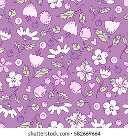 Hand drawn floral pattern with bright flowers, plants, branches and berries.