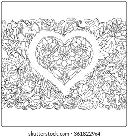 Hand drawn floral pattern and decorative Love Heart for Valentine's day. Vector illustration.Coloring book for adult and older children. Coloring page. Outline drawing.