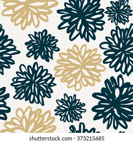 Hand drawn floral pattern in deep blue, golden and cream, seamless repeating chrysanthemum blossoms vector illustration.