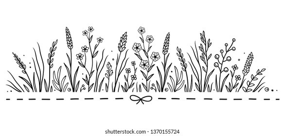 hand drawn floral pattern with flowers, herbs, aromatic grass, plants silhouettes, leaves and natural design elements